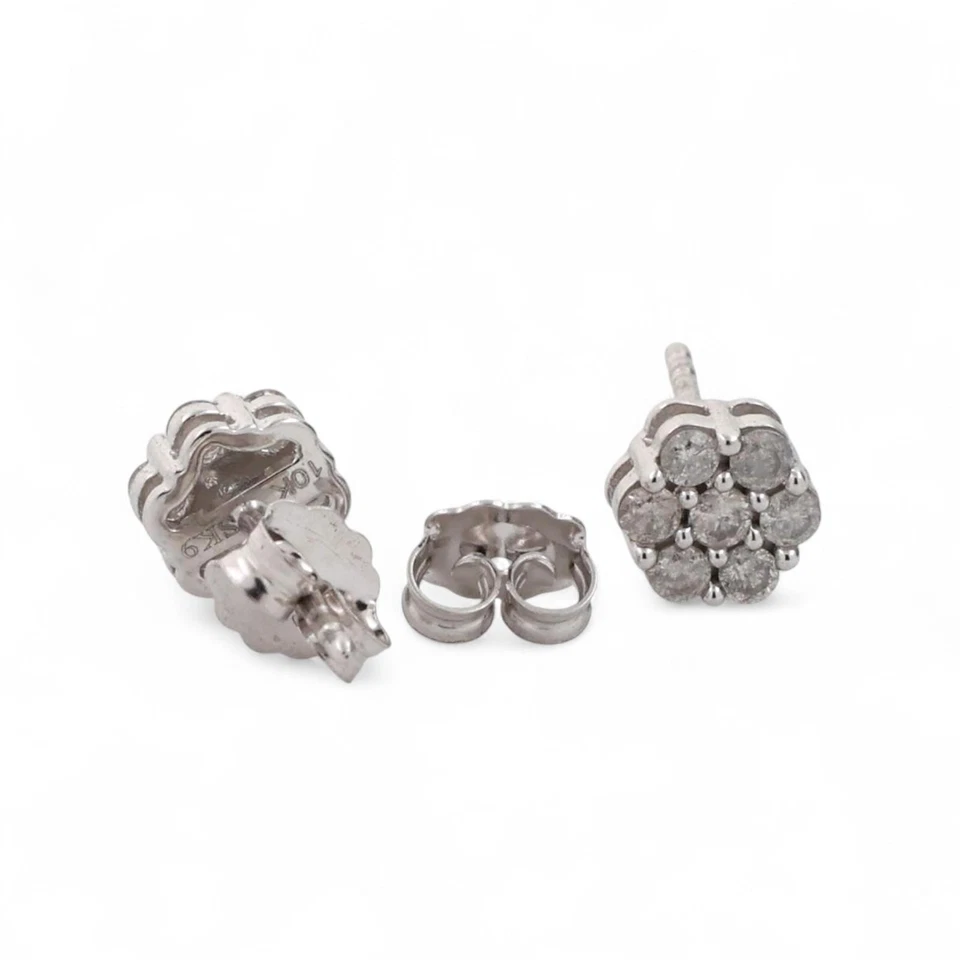 Кластер бриллиант цветочный серьги-гвоздики 10K белое золото 0,40 TW 7 мм круглый женщины - Изображение 4 из 4