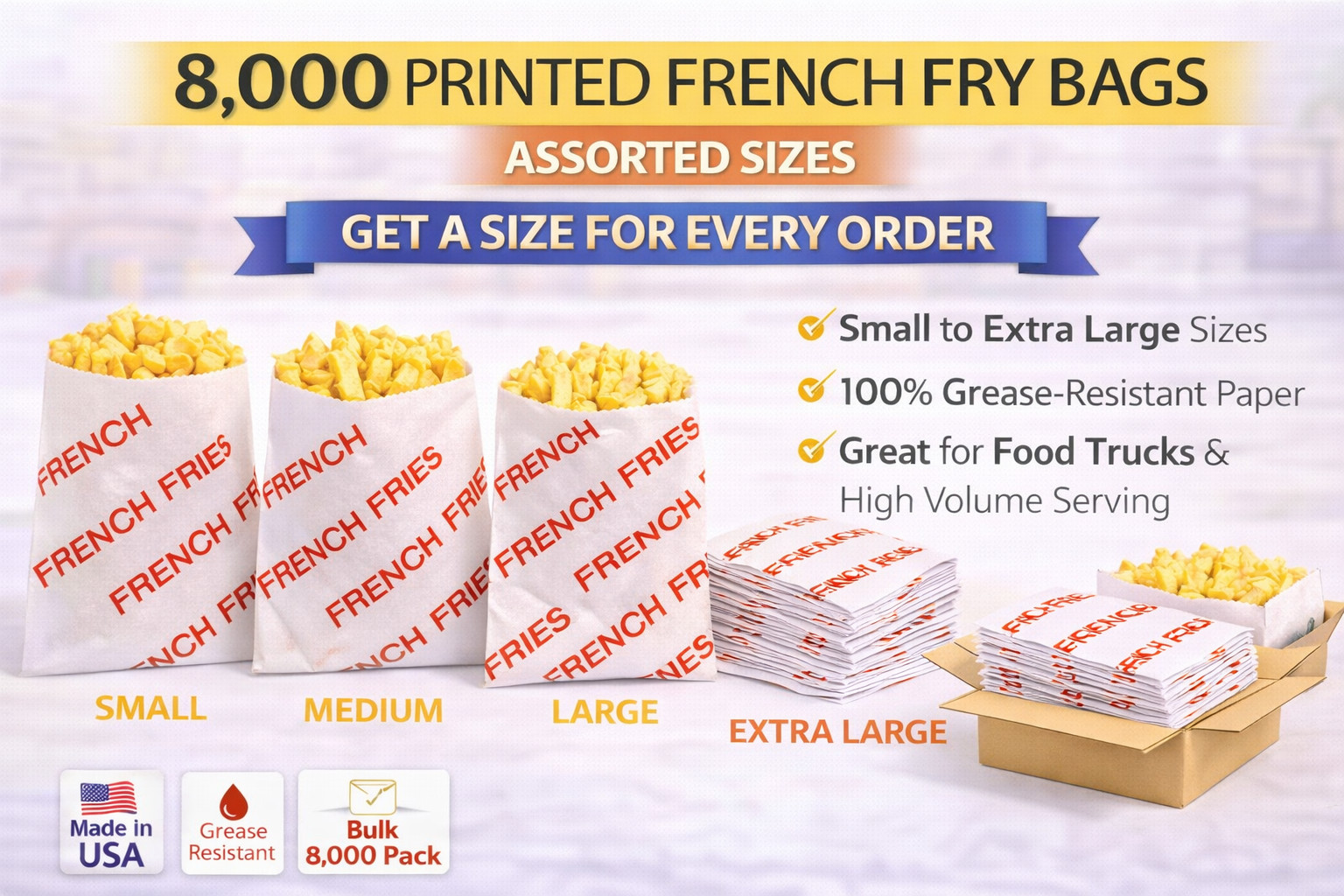 French Fry Bags Printed Grease Resistant Assorted Sizes 8000 Total Bulk Pack