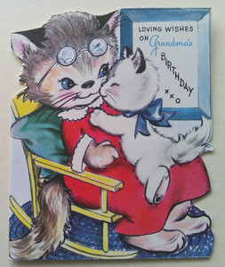 Grandma cat with white kitten Vintage Birthday greeting card *ZZ12