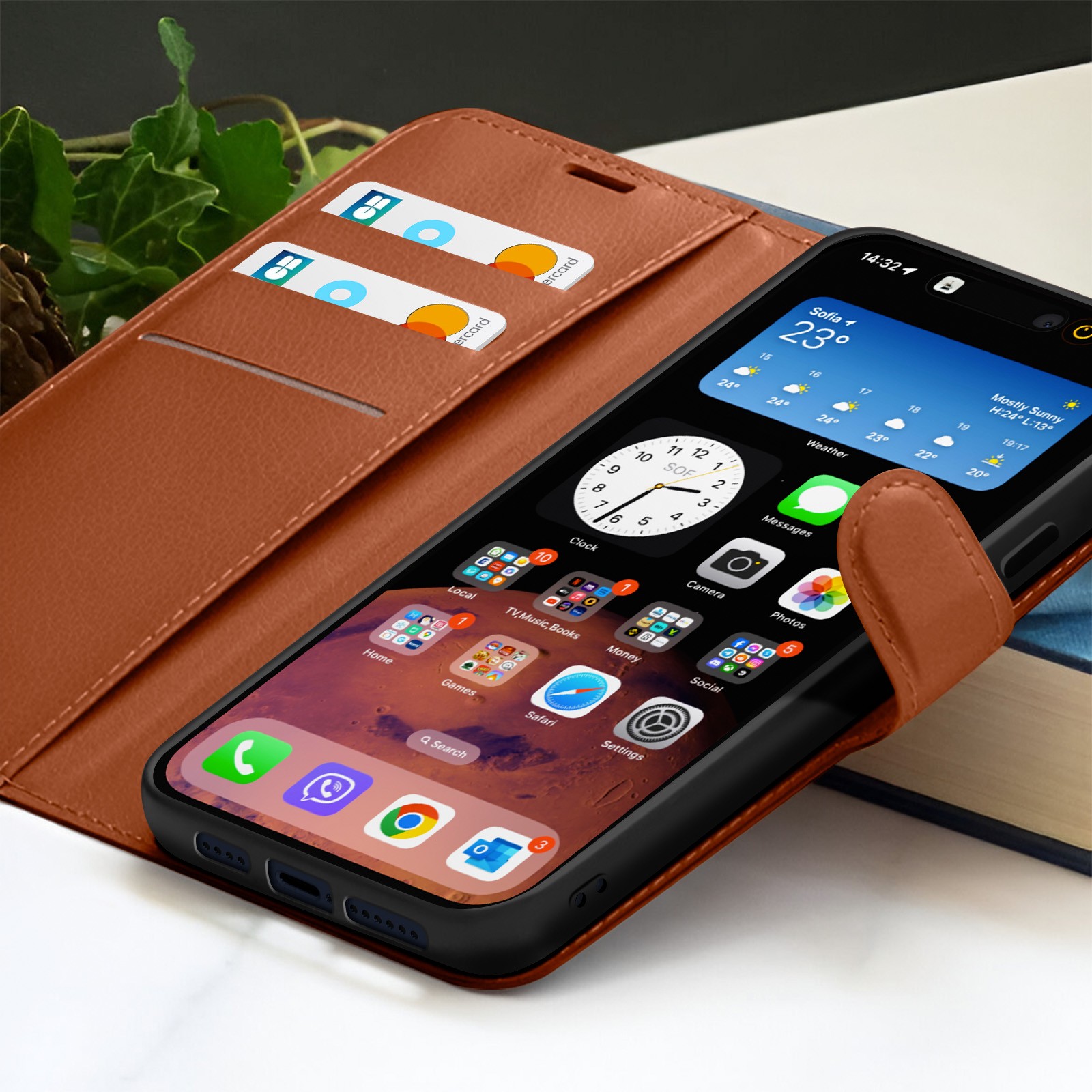 Étui portefeuille iPhone 15 Pro Max en cuir noir avec support - 4