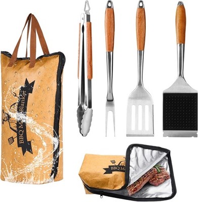 5in1 Heavy-Duty Rose Wooden BBQ Grilling Tools Set and BBQ Blanket for Resting M