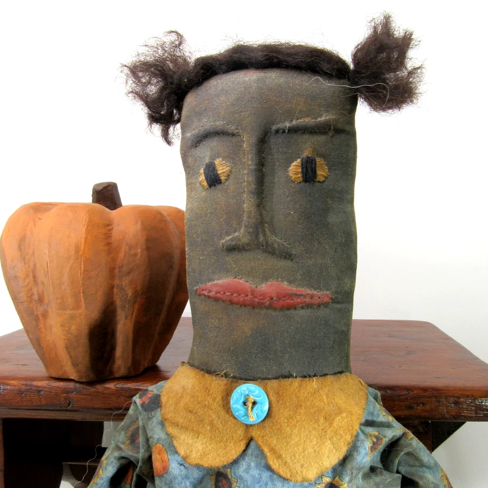 Primitive folk art cloth doll Halloween Fall w/ pumpkin artisan black 31" large - Image 2 of 4