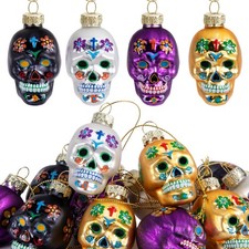12 Pcs Day of The Dead Glass Ornaments- Dia De Los Muertos Sugar Skull Decora...
