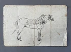Antique drawing, draft horse, plow horse, sketch, black chalk, 19th century