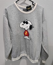 Peanuts Snoopy Retro Varsity Sweatshirt Gray Embroidered Graphic Pullover Large
