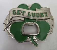 Get Lucky Green Figural Shamrock St Patrick's Day Belt Buckle Bottle Opener...