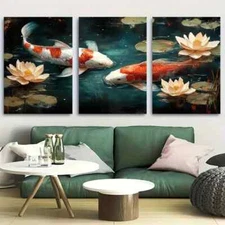 3pcs Koi Fish Pond with Lotus Florals Metal Print Ready to Hang Art