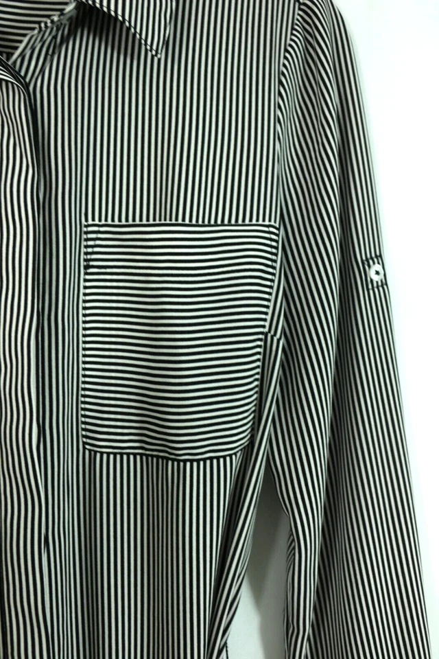 WHBM Camisa Vestido Talla 2 Rayas Cinturón Blusa Estilo Mini Pestaña Enrollable Manga Sin Forro Foto 3 de 4