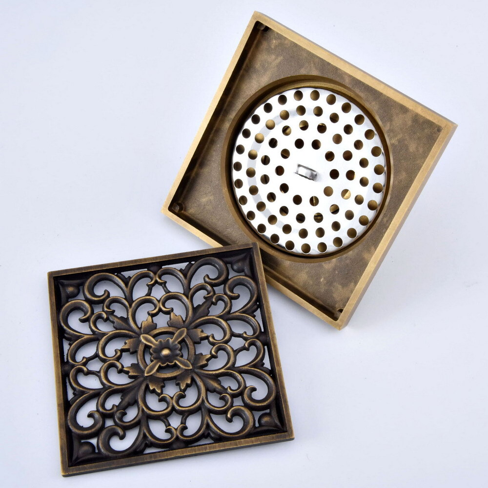 Antique Brass 100 * 100 mm Bathroom Floor Drain Garden Waste Grate