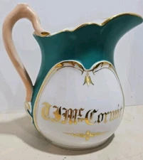 Antique OLD PARIS PORCELAIN Pitcher Teal & Gold Deco mcm Majolica Handle ART