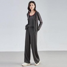Women Casual Fashion Knitted Suit Halter Cardigan Wide-leg Pants Three-piece Set