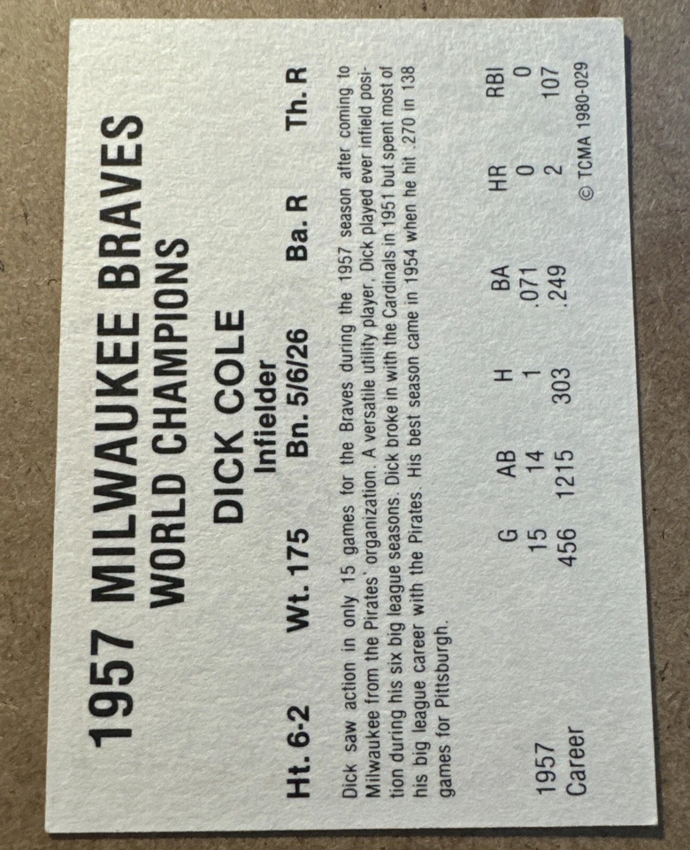 Dick Cole 1980 TCMA 1957 Milwaukee Braves Autographed SIGNED Card - Deceased - Image 2 of 2