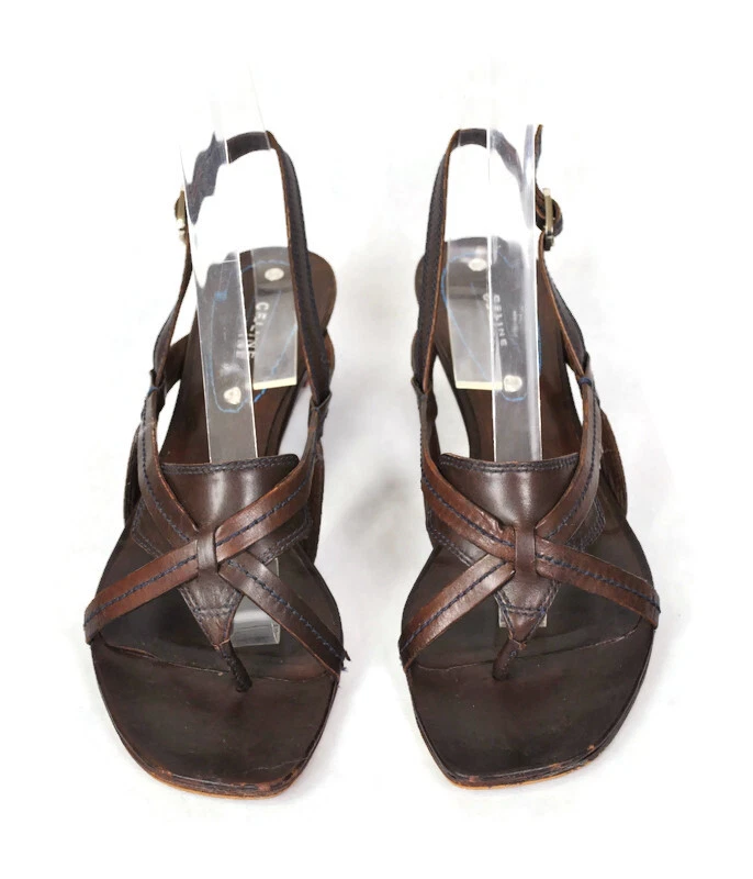 Vintage Celine Leather Low Wedge Strappy Brown Sandals Possible