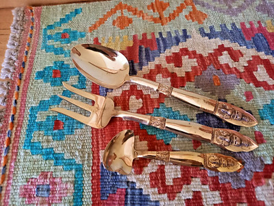 Vintage Thai Bronze Servier Set mit Löffel, Gabel und kleiner Schöpfkelle