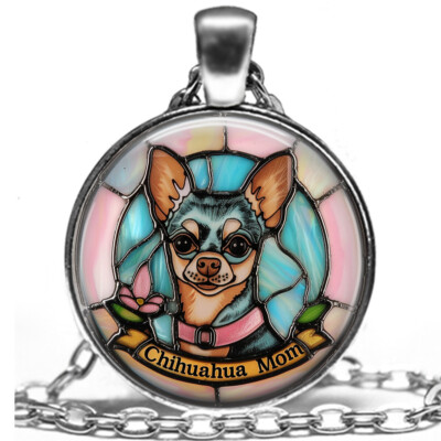 Chihuahua Mom Gift Necklace Faux Stained Glass Dog Mom Gift 24'' Oval Link Chain