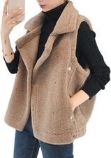 Women's Warm Notched Collar Fuzzy Lamb Wool Snap Up Gilet Vest Coffee XXS