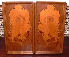 2 gerahmte Intarsienbilder "Küssende Putten" Jugendstil um 1900 #6456