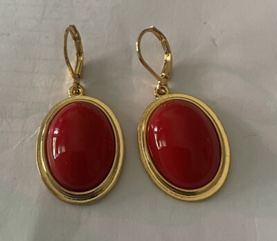 Vintage Joan Rivers goldfarbene rote Ohrringe Ohrhänger 9249