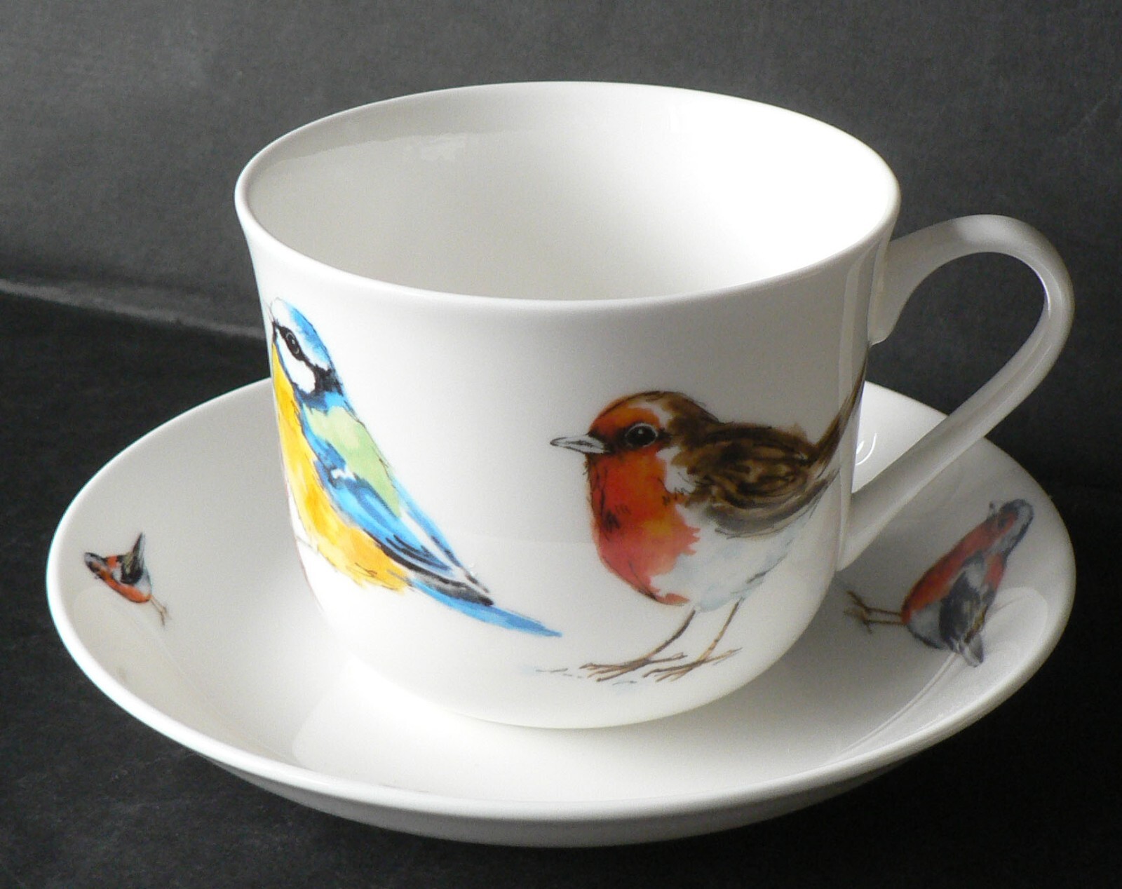 Birds bone china LARGE BREAKFAST cup & saucer  holds 400mls 14oz robin tit finch