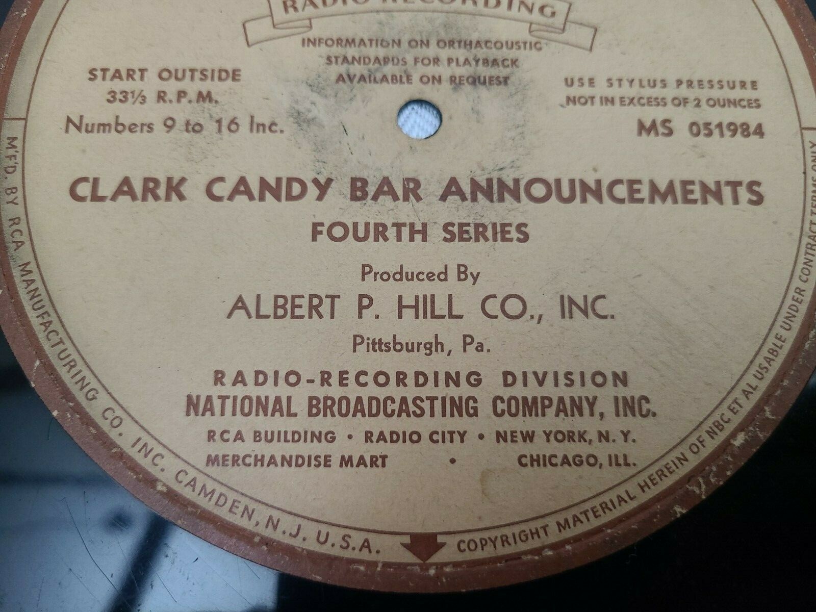 Clark Candy Bar RADIO Advertisement Commercial 16" TRANSCRIPTION RECORD