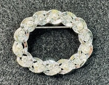 Signed Sarah Coventry Rhinestone Faux Pearl Oval Braided Silver Tone Pin Brooch