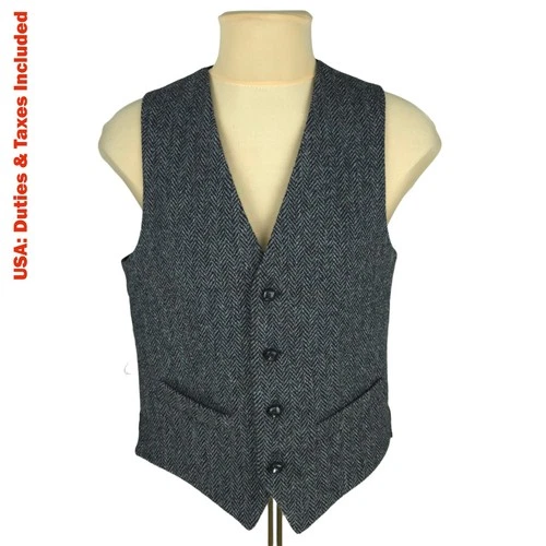 Harris Tweed Mens Waistcoat Vest Gray Black Herringbone Pure Wool Size M*