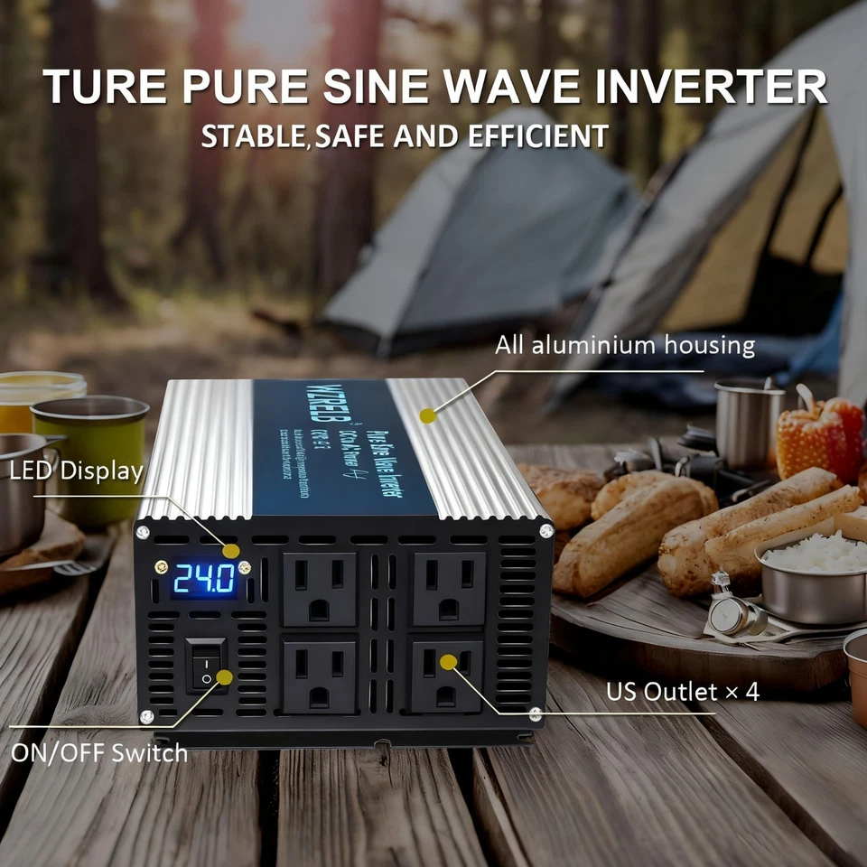 WZRELB 2000W 24VDC to 120VAC Pure Sine Wave Power Inverter 4 outlets RV camp new - Image 2 of 4