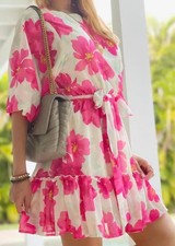 Flying Tomato Anthropologie Teal With Pink Flowers Floral Dress Sz S Tie Waist