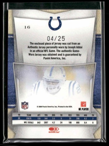 2009 Playoff Absolute Memorabilia #16 Joseph Addai Absolute Patches Prime #/25 - Picture 2 of 2