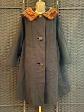 Vintage 60s MINK FUR COLLAR SWING COAT Size LARGE Black Midi LOVEMAN's Wool USA