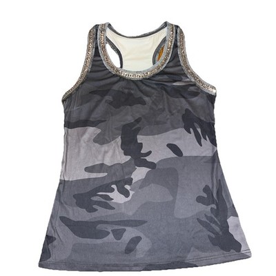 Camo Women Tank Top Ribbed Silver Sequins Fringe Razor Back SZ Large Gray Black