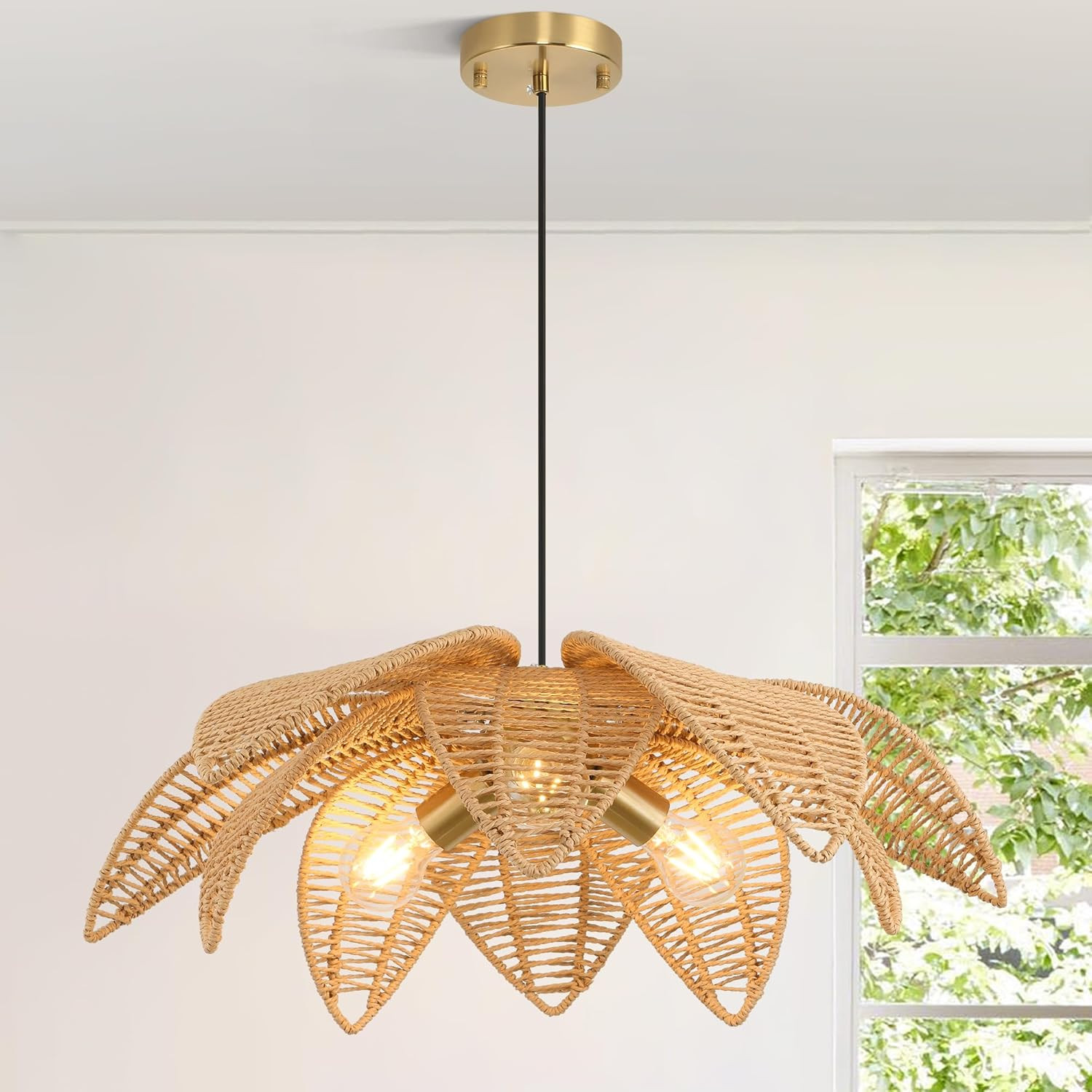 24” Boho Rattan Chandelier, 3-Light Wicker Pendant for Dining Room & Living Room