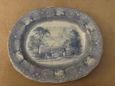Antique Meat Serving Platter Dish Large Oval Blue & White Plate