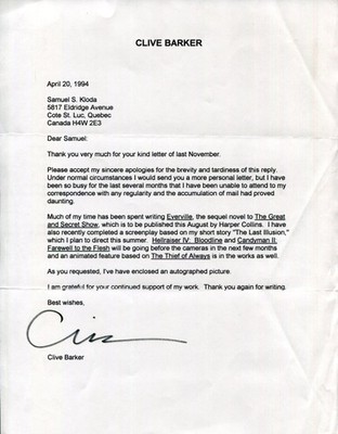 Clive Barker Hellraiser Candyman Horror Author Director Signed Autograph Letter