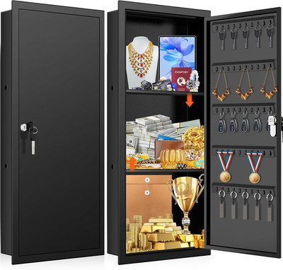 Secure Wall Safe with Removable Shelves & Key Hooks for Valuables Storage