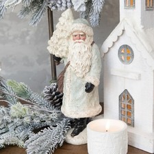 Primitive Pale Blue Grey Santa Claus Figure with Tree Satchel 12.5"