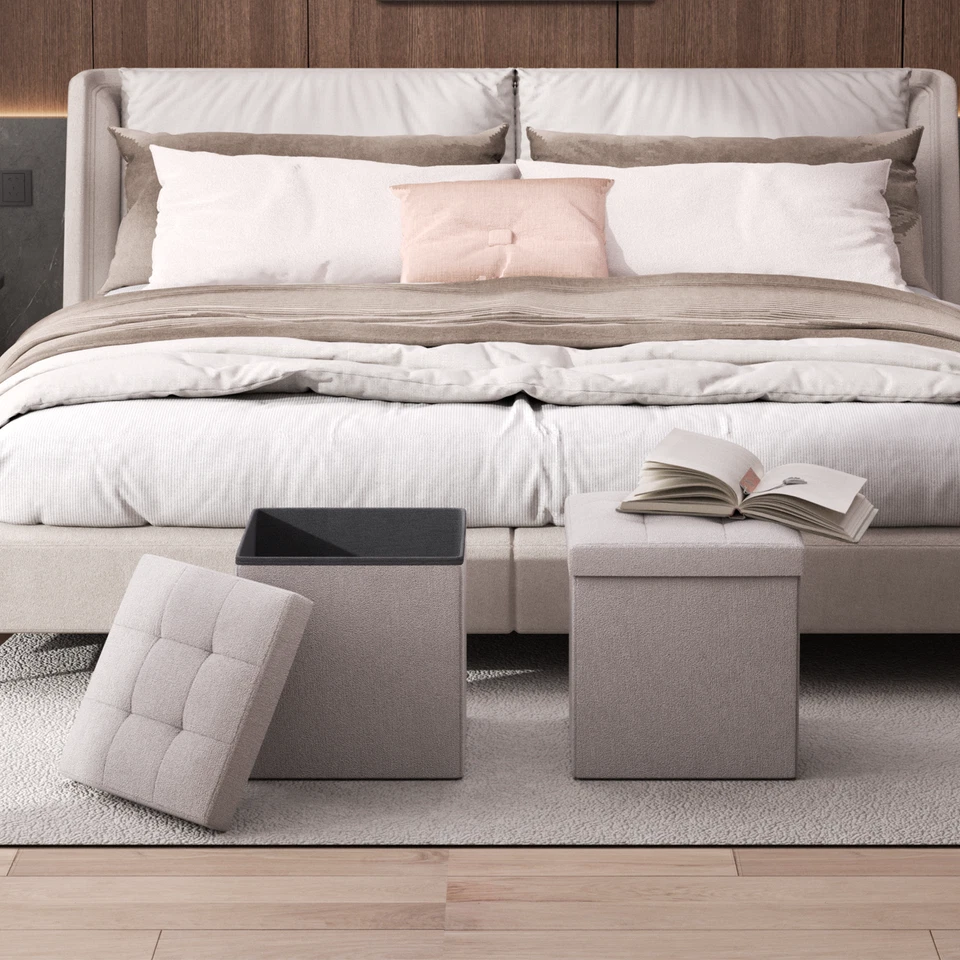 Beige Classic Storage Fabric Ottoman Cube Living Room Home Décor Footrest Stool - Image 4 of 4