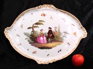 LG ANTIQUE MEISSEN PORCELAIN TRAY/PLATTER COURTING COUPLE INSECTS FLOWERS 16"