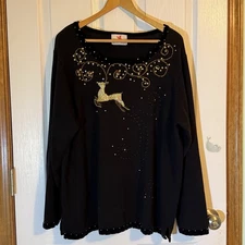 Quacker Factory Holiday Black Beaded Reindeer Pullover Sweater XL