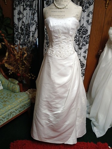 White Satin Strapless Beaded Bodice With Draped Detailing Wedding Dress 8