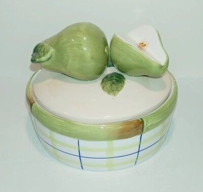 Bella Casa By Ganz 5'' Covered Butter Candy Condiment Dish w/ Pears on Lid EUC