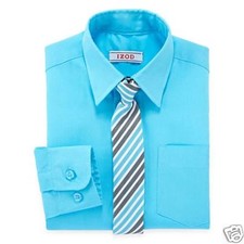 IZOD Aqua Dress Shirt and Striped Tie Set Boys 4, 5, 6 New With Tags Msrp 40.00