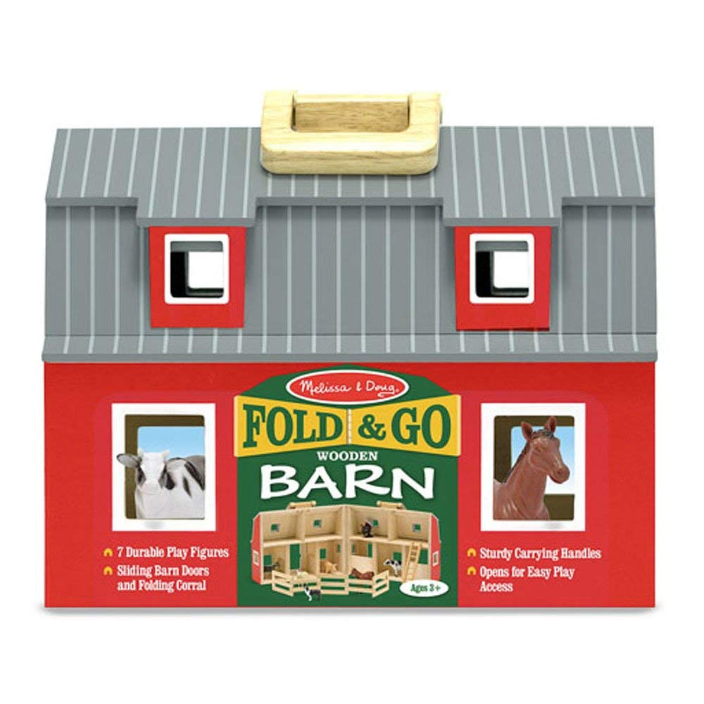 melissa & doug fold and go wooden barn with 7 animal play figures