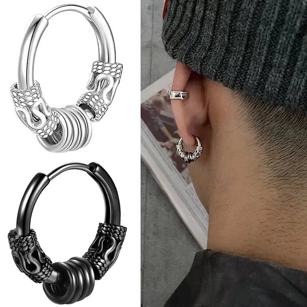 Men Rock Punk Dragon-pattern Hoop Earrings Cool Gothic Round Men Rock Punk Dragon-pattern Hoop Earrings Cool Gothic Round