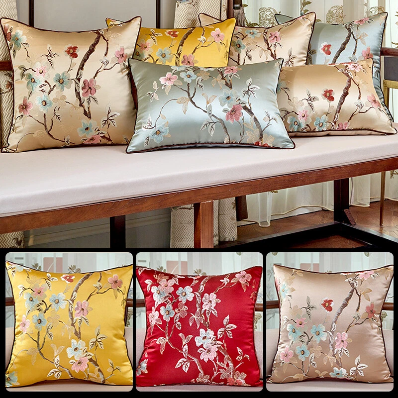 Silk Flower Satin Pillowcase Chinese Luxurious Embroidery Sofa Cushion Cover - Image 2 of 4