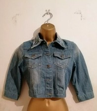 Boli Blue And White Acid Wash Denim Crop Biker Bomber Jacket 8 10 S / M