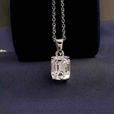 14K White Gold Plated 3CT Emerald Cut Lab Created Diamond Pendant Necklace