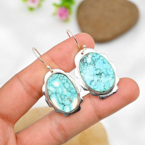Natural Turquoise Gemstone Earrings Handmade 925 Sterling Silver Jewelry Gift - Picture 4 of 5