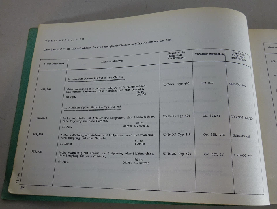 Teilekatalog / Ersatzteilliste Mercedes-Benz Unimog Dieselmotor OM 312 / 352 ´69 - Bild 2 von 4