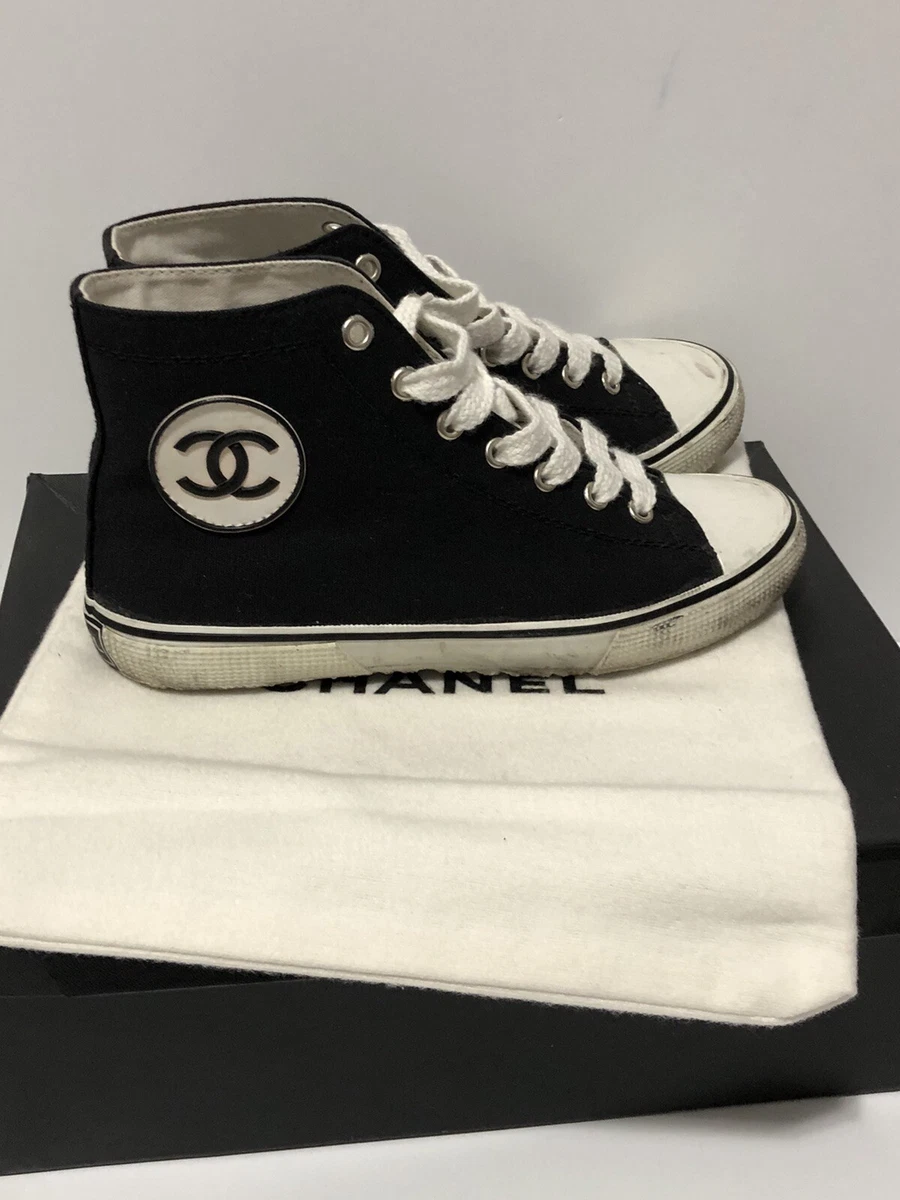 Rare Vtg Chanel CC Logo Black Canvas Sneakers AW1995 35